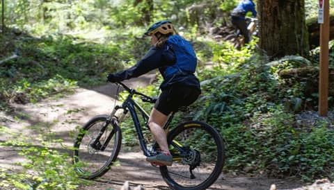 A mountain biker riding a dirt trail through a green forest